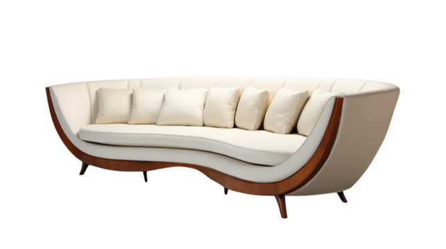 Elegant curved sofa with cream upholstery and decorative pillows stands out