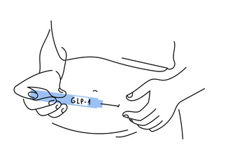 close up person self-injects GLP-1 treatment into her belly using an injector pen. Vector line art hand drawn  illustration.