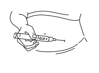 Close up person self-injects GLP-1 treatment into her belly using an injector pen. Vector line art hand drawn  illustration.