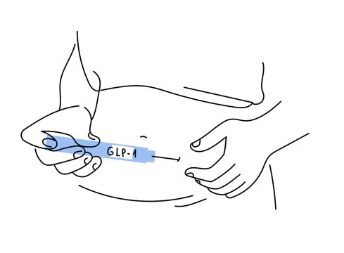 close up person self-injects GLP-1 treatment into her belly using an injector pen. Vector line art hand drawn  illustration.