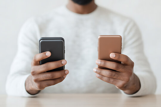 Comparing smartphones. A man holds one black phone and another rose gold phone, checking features. Technology at his fingertips. #mobiledevices