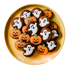 Obraz premium Cinnamon-Brown Halloween Cookies with Piped Ghost and Pumpkin Designs on a Ivory Plate-PNG Transparent Background
