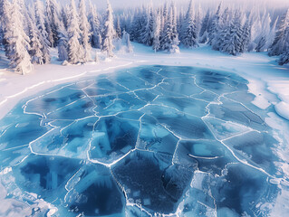 A frozen lake of sapphire ice with cracks glowing white, surrounded by frosty pine trees
