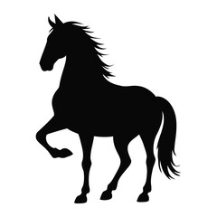 Graceful silhouette of a rearing horse with raised leg, flowing mane and tail, symbolizing elegance, motion, and spirit on white background
