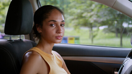 Sad African American woman stressed girl female driver car automobile transport vehicle auto...