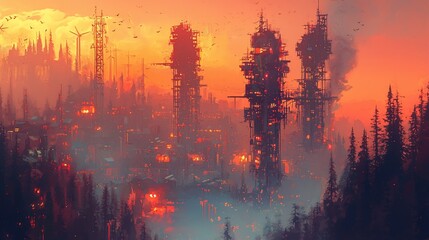 Naklejka premium Fiery Sunset Over a Post-Apocalyptic Cityscape
