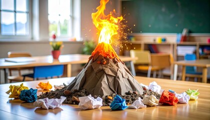 Obraz premium Volcano Model Erupts in Classroom Science Project