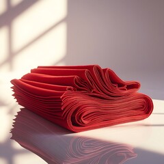 A high-contrast professional photograph of a vibrant, fire engine red carpet meticulously folded into precise, layered accordion-like pleats.