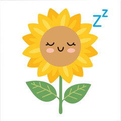 Cute sunflower with sleepy face flat vector