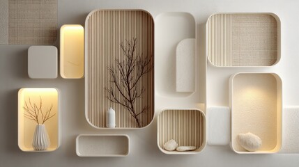 Minimalist wall-mounted shelves and niches in neutral tones display decorative branches and natural stones with soft ambient lighting.