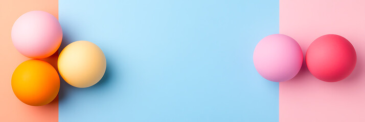 Pastel colored spheres arranged on colorful backgrounds, creating a visually appealing and vibrant composition. Suitable for festive decorations and designs.