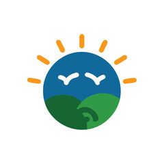 Abstract sun with rays over blue sky green hills with flying birds orange