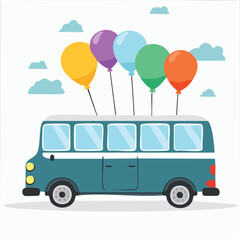 Cute bus with birthday balloons flat vector