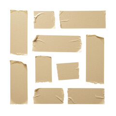 Collection of tan-colored masking tape pieces with torn edges arranged on a transparent background, illuminated by bright, shadowless studio lighting, showcasing texture and form, concept of