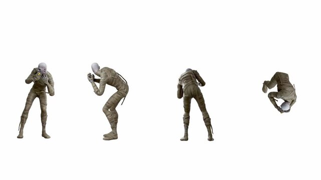 Set 4 in 1 mummy man is afraid and trembling on white screen alfa chenely full length