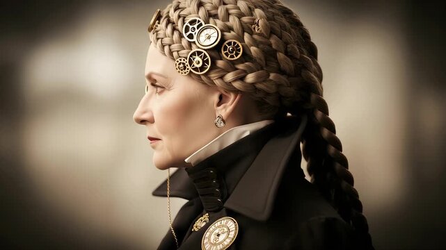 Portrait of a Mature Woman with Steampunk Braid and Accessories