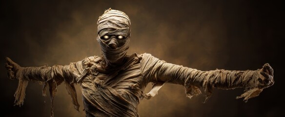 The Mummy Figure with Glowing Eyes Emerging from Darkness and Shadows