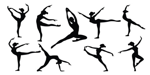 Collection of silhouettes of ballet dancers performing various poses isolated on white background
