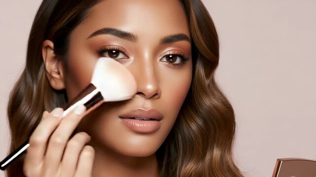 Close Up Portrait of a Woman Applying Blush with a Brush Against a Neutral Background Glamorous Makeup Application for an Adobe Stock Photo