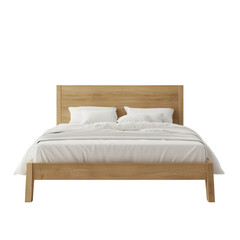 Light wood platform bed with white linens isolated on a transparent background frame