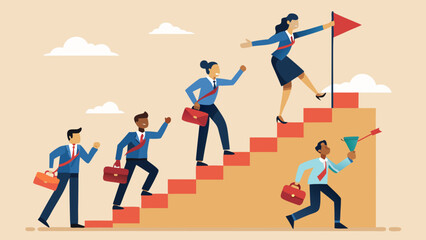 business professionals climbing towards success with leadership and overcoming challenges isolated on white background.