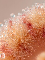 Fototapeta premium Close-up of Peach Fuzz With Water Droplets Showcasing Texture and Freshness on a Warm Day