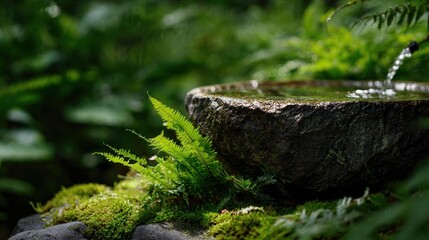 Obraz premium A serene stone basin with flowing water surrounded by lush green ferns and moss in a tranquil forest setting.