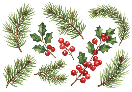 Watercolor christmas elements of pine branches holly leaves and red berries