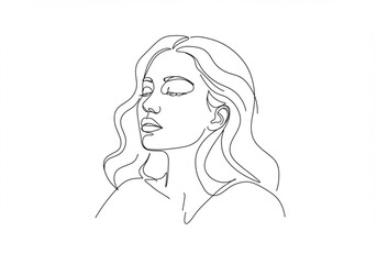 Elegant woman s face in profile with closed eyes and flowing hair drawn with a single continuous line