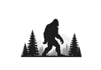 Silhouette of bigfoot walking through a forest with mountains in the background