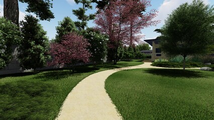3d image of the landscape design of the home territory. Landscaping of the territory. Computer visualization of composite landscaping and landscaping solutions.
