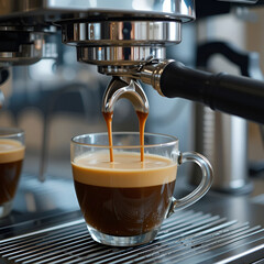 Fresh coffee being poured from a coffee machine, capturing the rich, aromatic stream flowing into a cup.