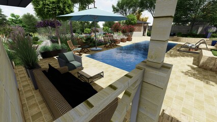 3d image of the landscape design of the home territory. Landscaping of the territory. Computer visualization of composite landscaping and landscaping solutions.