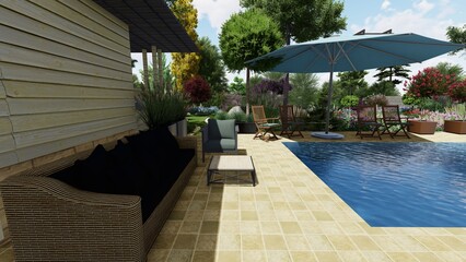 3d image of the landscape design of the home territory. Landscaping of the territory. Computer visualization of composite landscaping and landscaping solutions.