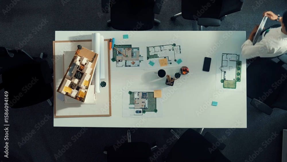 Poster top view of architect engineer working together and preparing blueprint and building design for meet