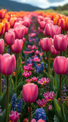Colorful tulip field in full spring bloom under blue skies Wallpaper
