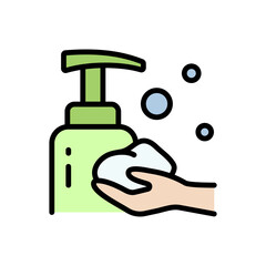 Sparkle Foam Cream on Hand Color Icon. Whipped Soap on Hand Symbol. Soap Foam Cloud with Bubbles. Wash, Cleansing, Hygiene Skin Concept. Isolated Flat Vector Illustration.