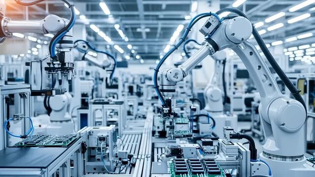 Engineering robots executing complex assembly operations on electronic devices in a modern production hall.