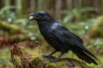 Obraz premium Raven with shiny object perched on mossy log in forest, early morning light illuminating surrounding foliage