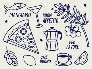 Cute hand-drawn Italian food icons set in ink sketch style, including pizza, olives, cheese, coffee, and wine, perfect for cafe menu design, travel posters, or culinary event branding.

