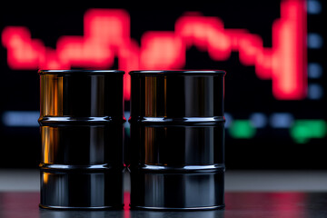 Oil barrels reflect market downturn, with a blurred, ominous red graph in the background, symbolizing financial instability and economic crisis.