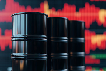 Oil Barrels & Market Fluctuation: A stock photo showcasing the crude oil industry against the backdrop of volatile financial markets, raising concerns about energy.