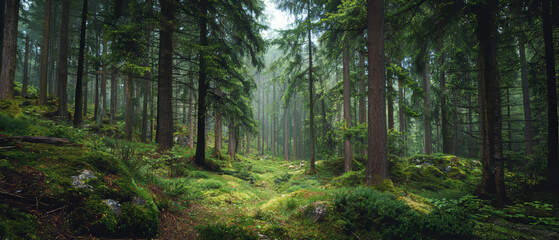 Lush Green Forest with Sunlight Filtering Through