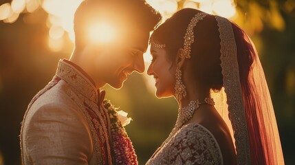 A loving couple embraces during a golden hour wedding ceremony.