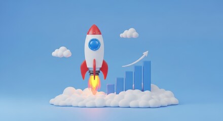 A rocket launches with a rising chart symbolizing business success