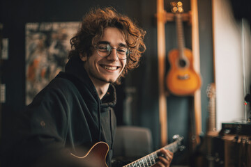 Obraz premium Young musician playing guitar and smiling in a cozy home studio with warm lighting