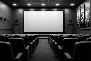 Fototapeta premium Empty movie theater, dark interior, blank screen