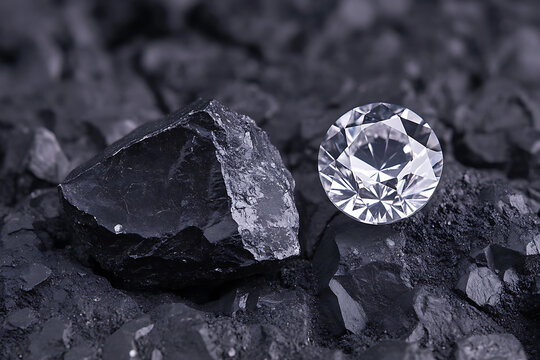 The stark contrast between rough coal and a glittering diamond, showcasing nature's ability to create beauty from raw materials.