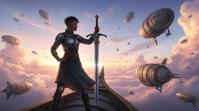 Woman in Armor Holds a Sword Aboard a Ship Among Airships at Sunset