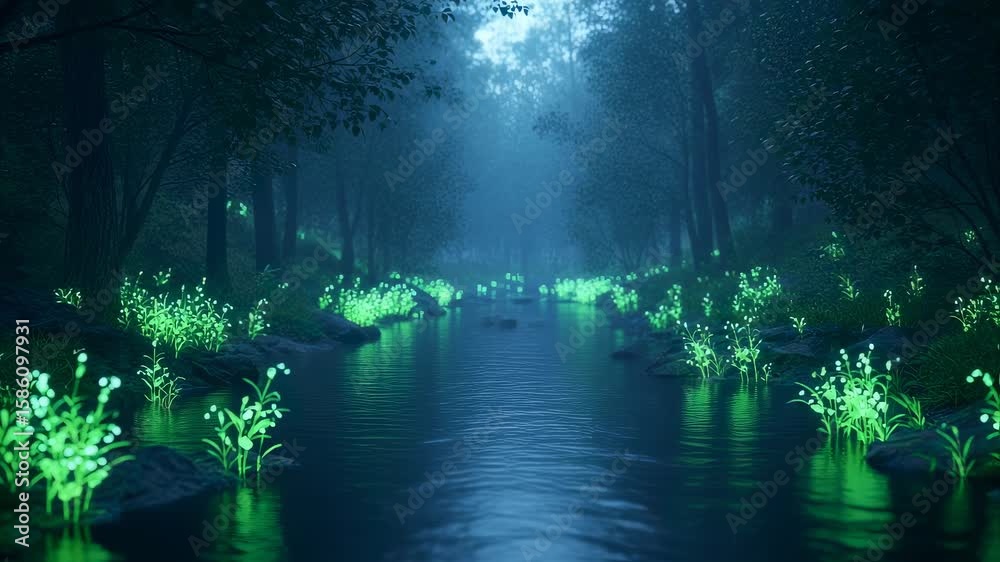 Wall mural bioluminescent flora casts an ethereal glow on a tranquil stream flowing through a mysterious forest